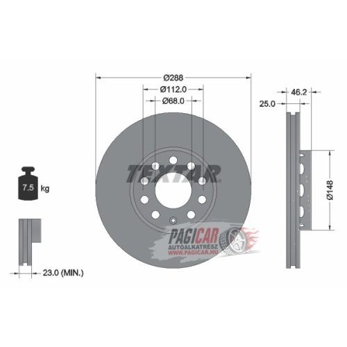 Első féktárcsa, 288mm, hűtött (Audi A4 B5-B6-B7, Audi A6-C5, Vw Passat B5/B5.5) - Textar (92057605)