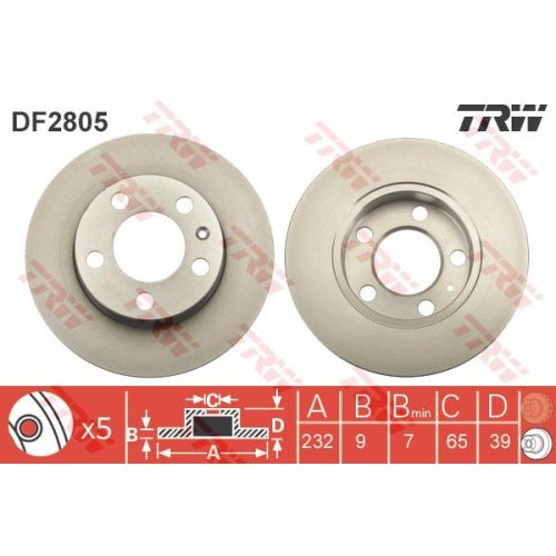 Audi A3 8L1 hátsó féktárcsa (230mm, hűtetlen) - TRW (DF2805)  SZETT 2db