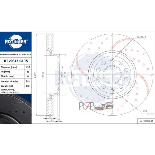 Első féktárcsa, 312mm, hűtött (Audi A3, Skoda Octavia 2, Vw Passat B6...) - Rotinger (RT20312-GL T5)